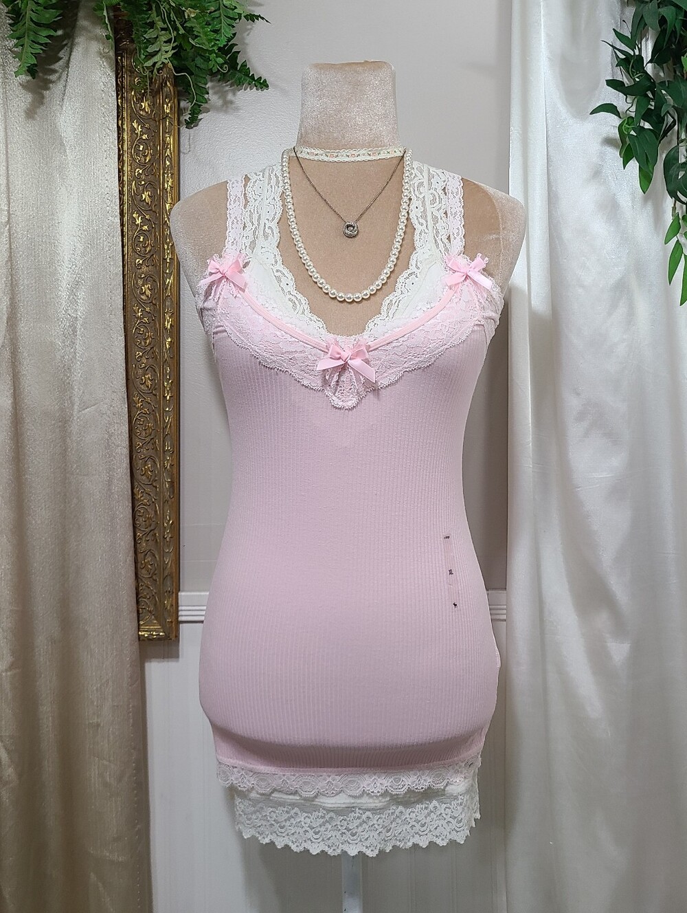 Rare ♡ Y2K ♡ Abercrombie Baby Pink Lace Babydoll Cami Satin Ribbon Bow Tank Top